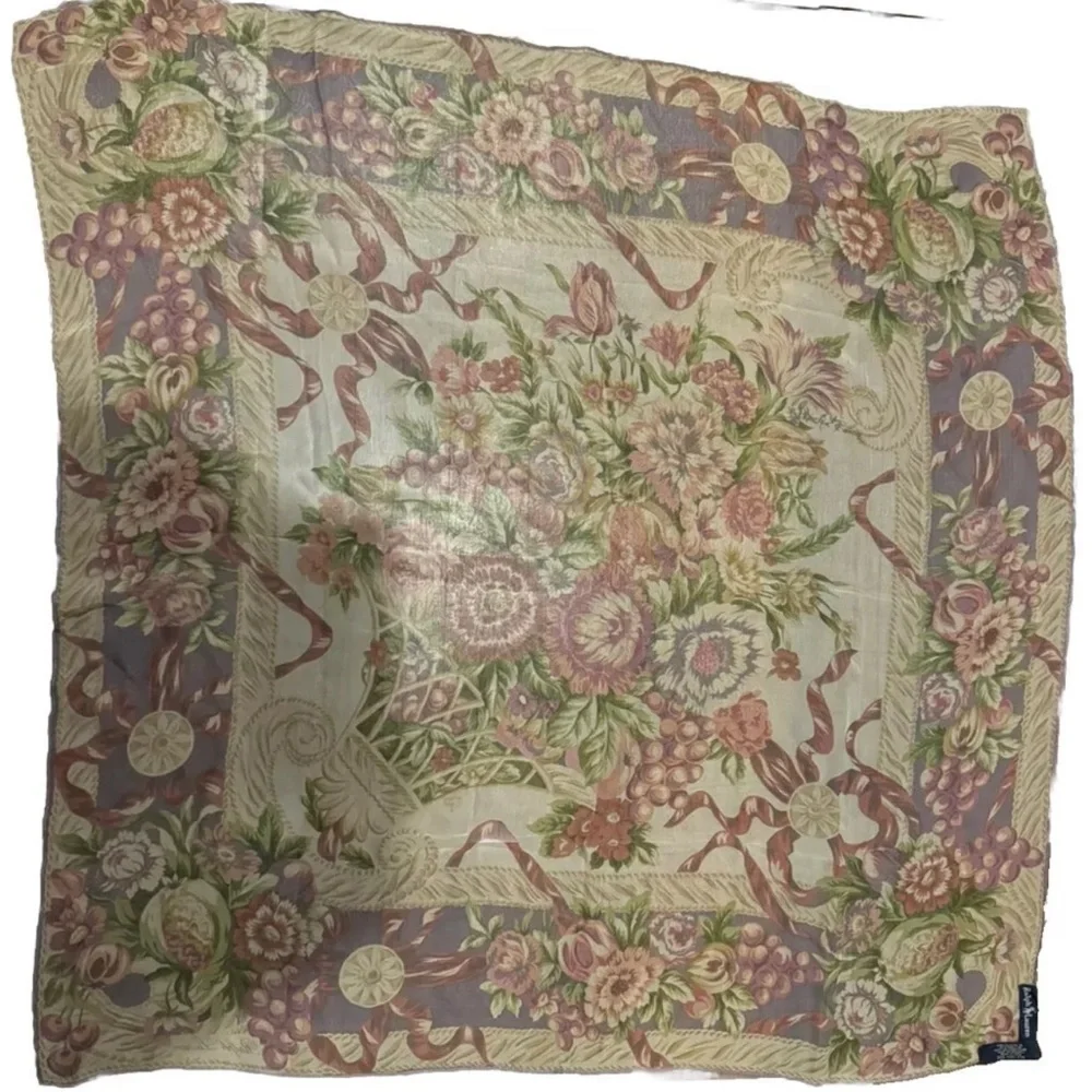 NWOT Ralph Lauren Floral Garden 100% Silk Green Pink‎ VINTAGE 90s 35” A8